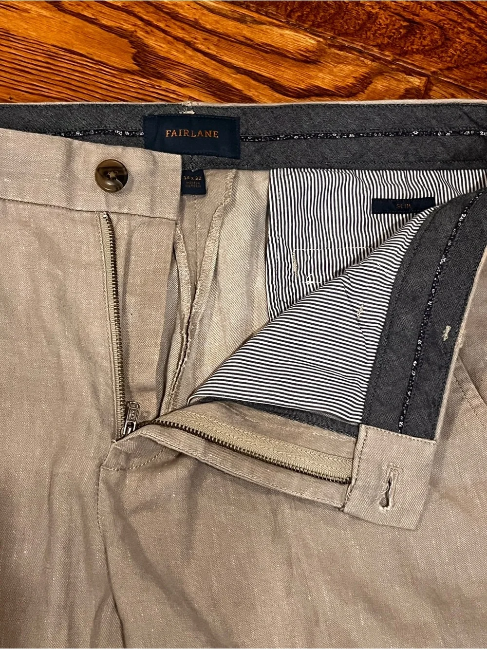 Fairlane Linen Cotton Stretch Natural Flat Front Slim Pants Men’s Lightweight